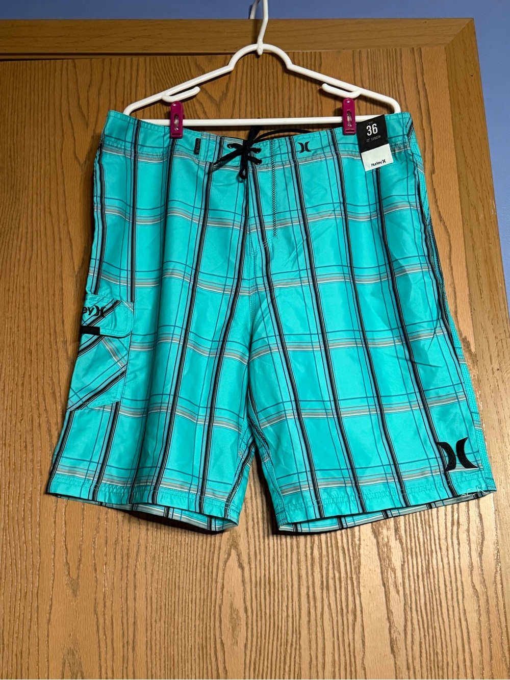 Hurley Men’s Board Shorts Blue Plaid Size 36 Regular Drawstring Pockets NWT